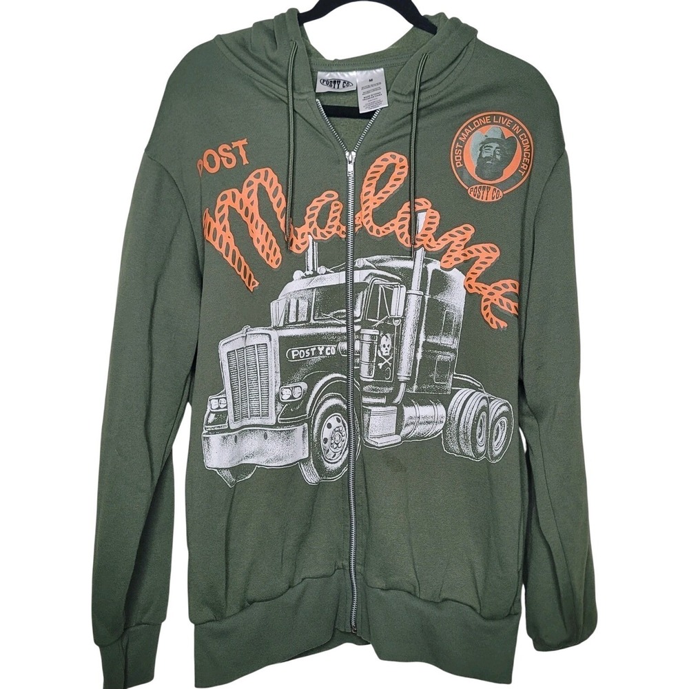 Post Malone Hoodie Men's Medium Green Full Zip Graphic Sweatshirt Posty Co